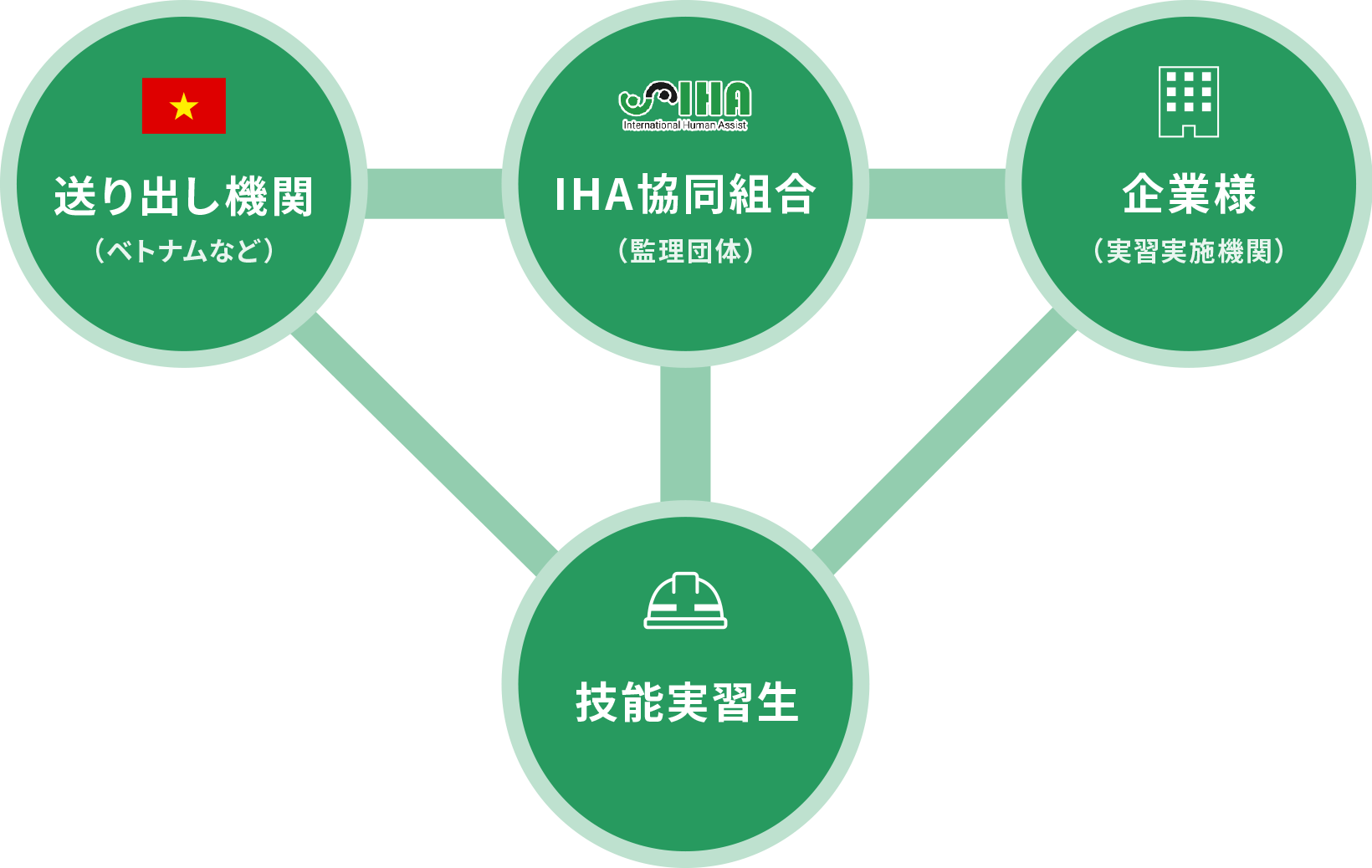 IHAと企業、技能実習生、送り出し機関（ベトナムなど）の関係を表した図